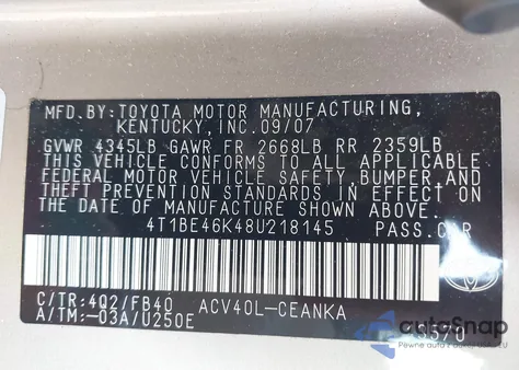 2008 Toyota Camry Le from USA, damaged, VIN 4T1BE46K48U218145